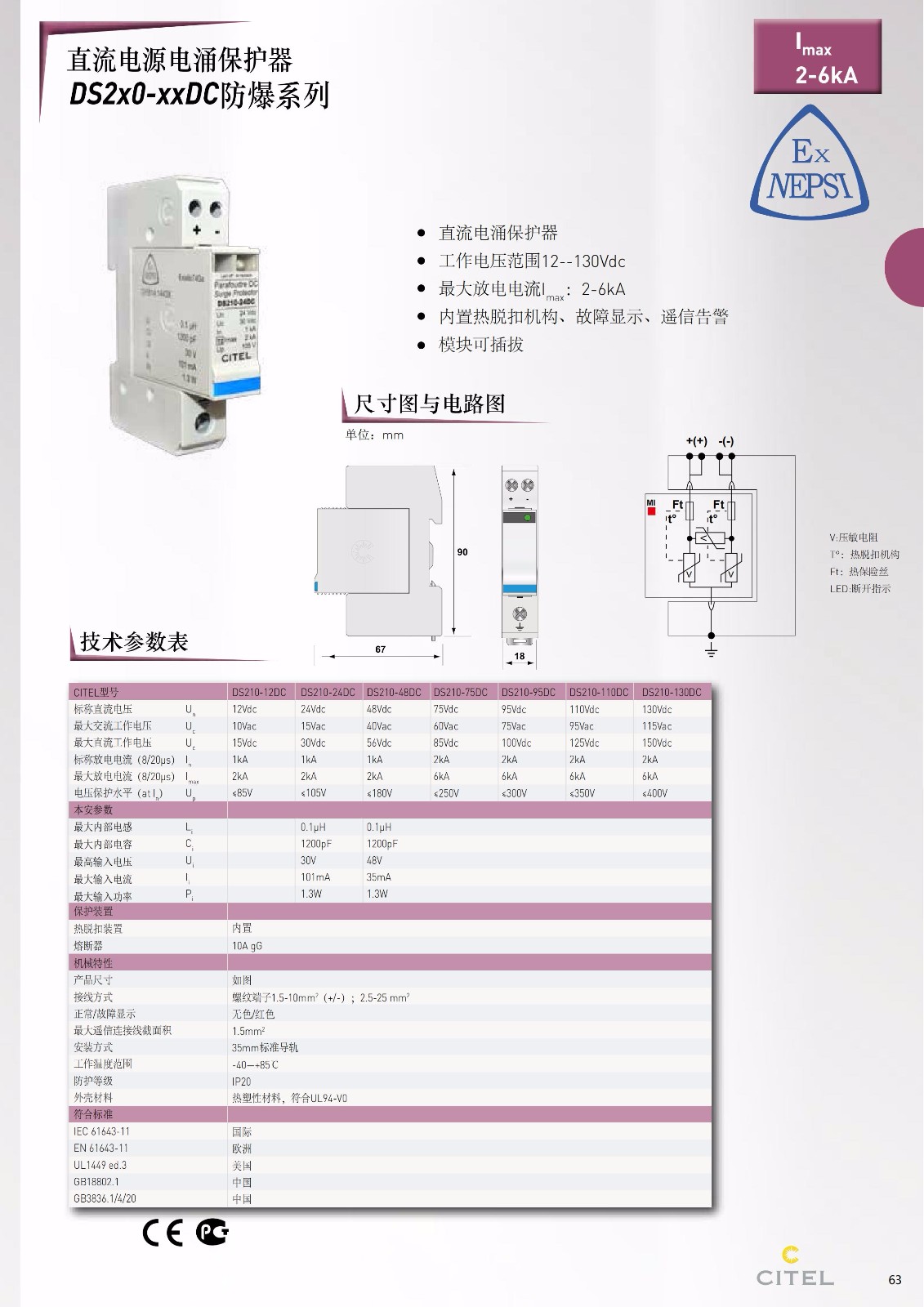 直流防雷器DS50PV-1000-30系列技術(shù)參數(shù)、規(guī)格尺寸